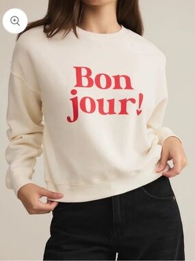 Z Supply Cream Sweatshirt with Pink "Bonjour" Print